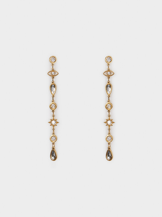 Long Stainless Steel Earrings With Crystals, Golden, hi-res