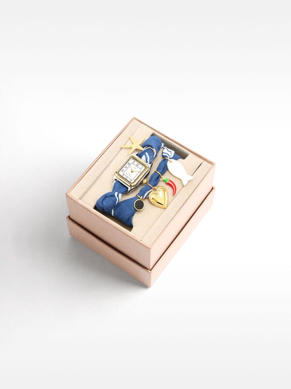 Watch with fabric strap and charms