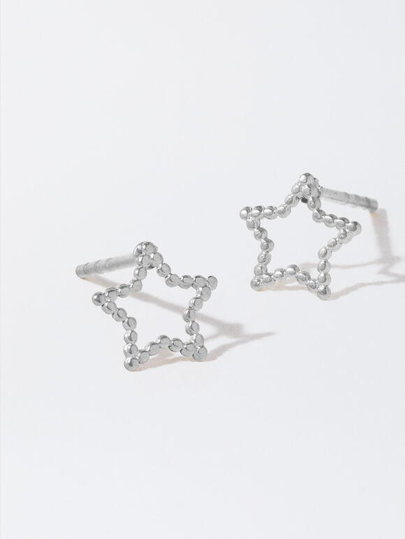 Stainless Steel Earrings With Stars, Silver, hi-res
