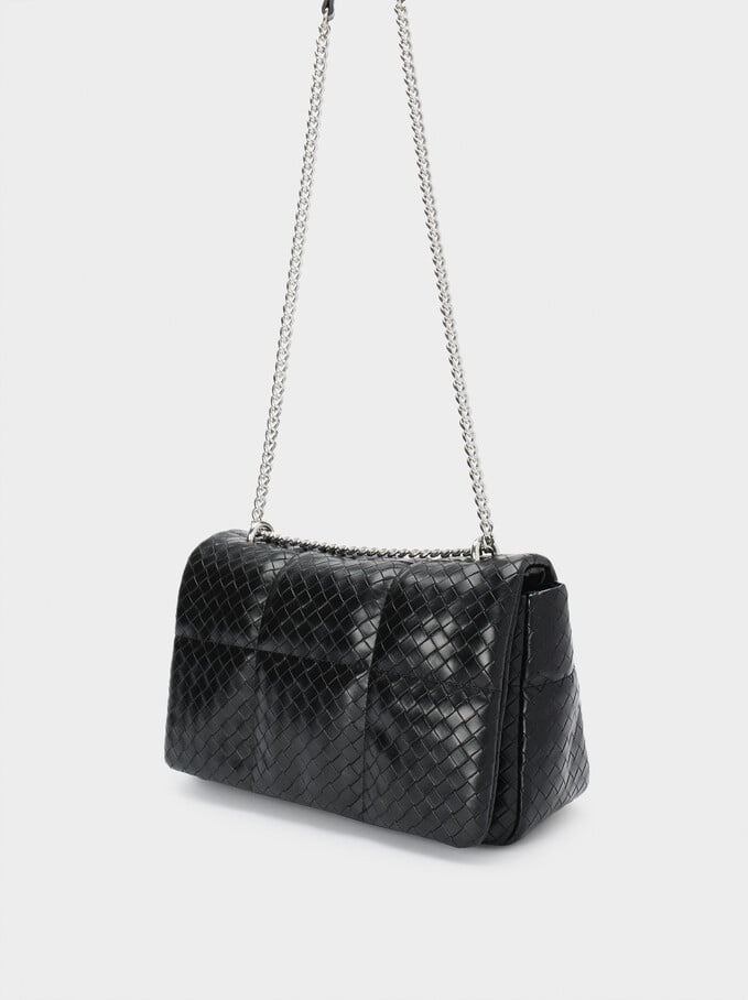 Braided Shoulder Bag With Contrasting Strap, Black, hi-res