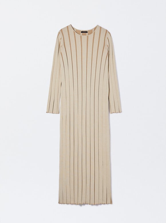 Striped Long Dress, Beige, hi-res