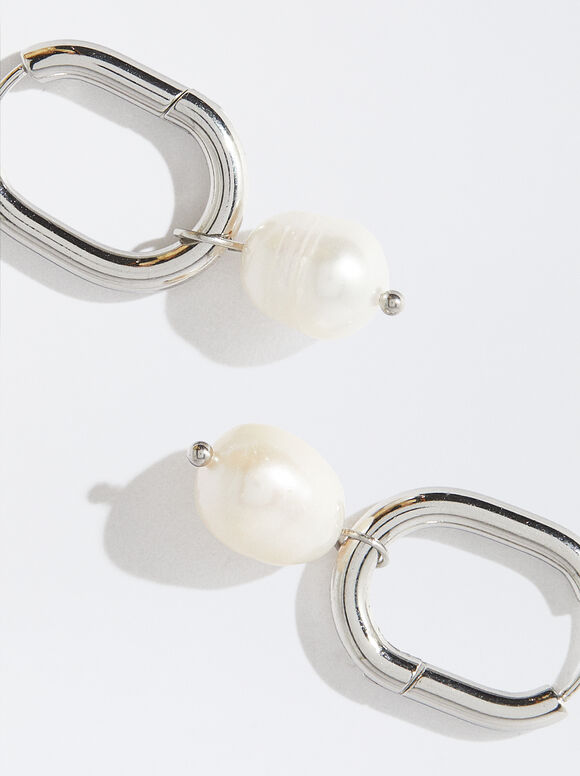 Stainless Steel Earrings With Pearl, Silver, hi-res