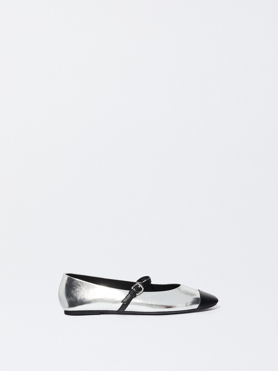  Metallic Buckled Ballerinas, Silver, hi-res