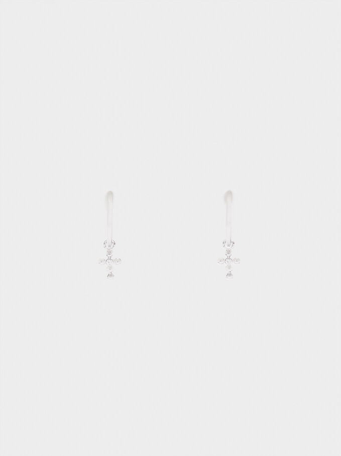 925 Sterling Silver Small Hoop Earrings With Cross, Silver, hi-res