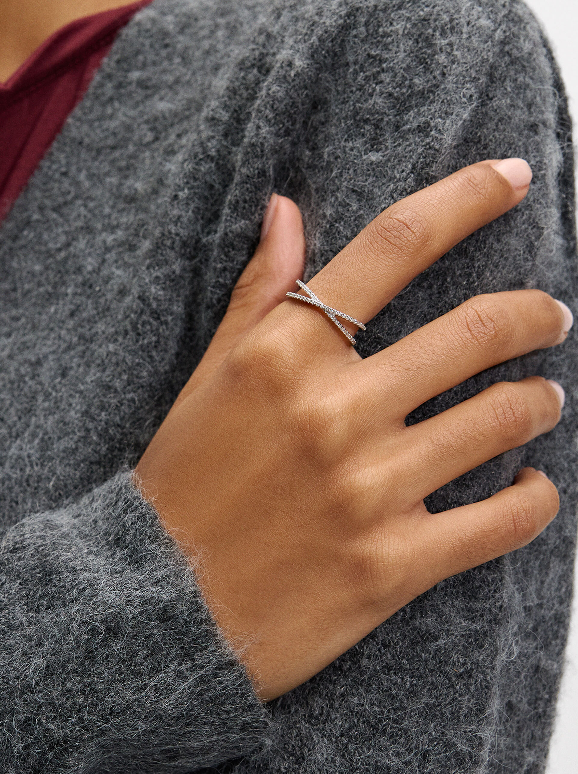 Double crossed ring with zirconias - 925 sterling silver image number 1.0