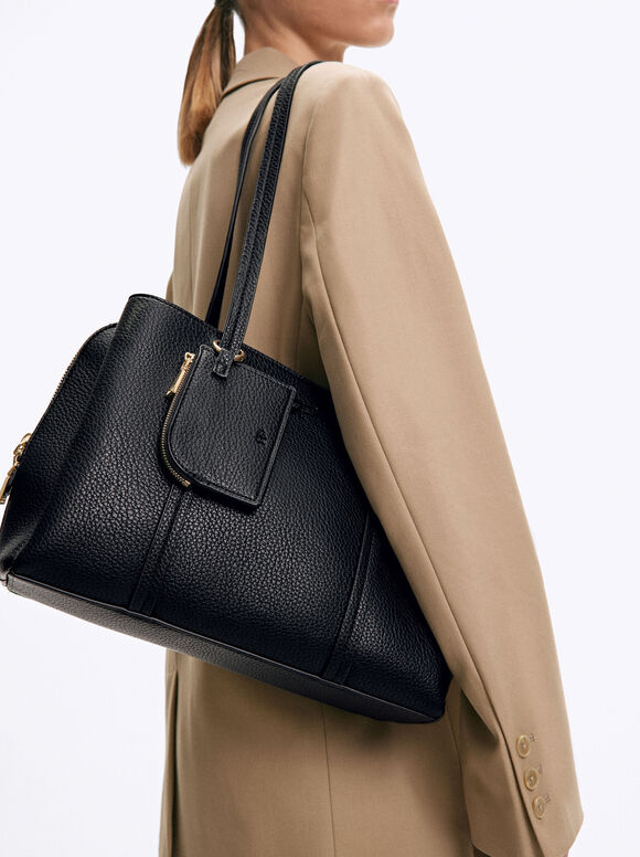 Shopper Bag With Pendant, Black, hi-res
