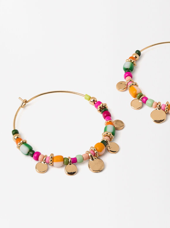 Golden Hoops With Multicolored Beads, Multicolor, hi-res