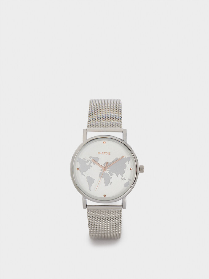 Watch With Steel Strap And World Map Face, Silver, hi-res