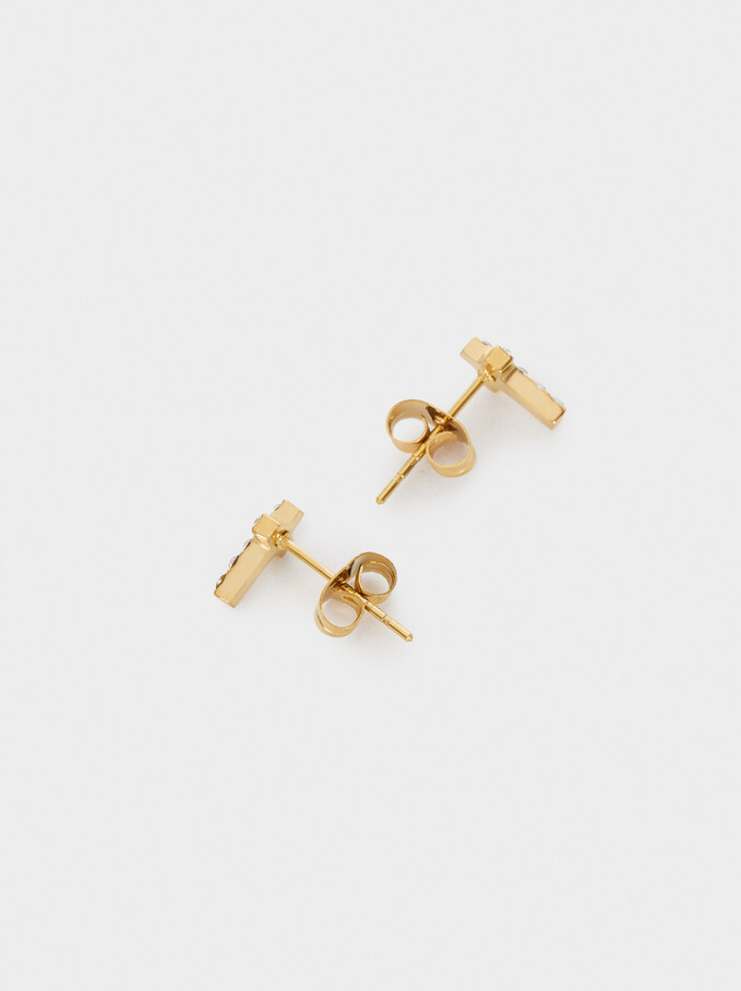 Short Stainless Steel Swarovski Crystals Earrings, Golden, hi-res