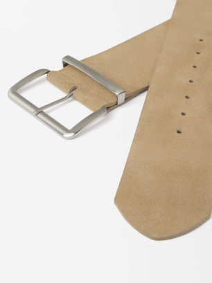 Leather Band Belt, Beige, hi-res
