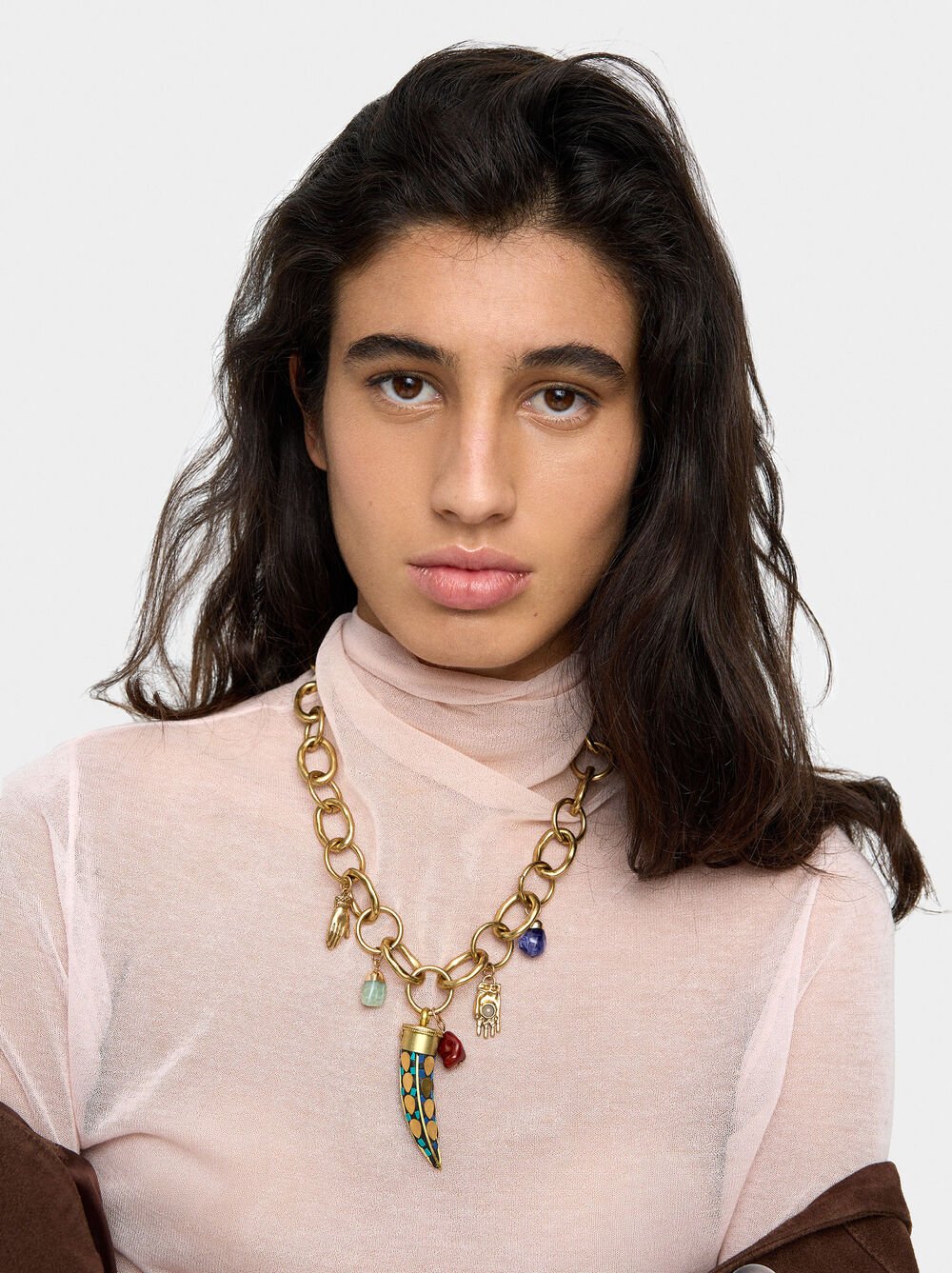 Necklace with dangling stone hoop earrings