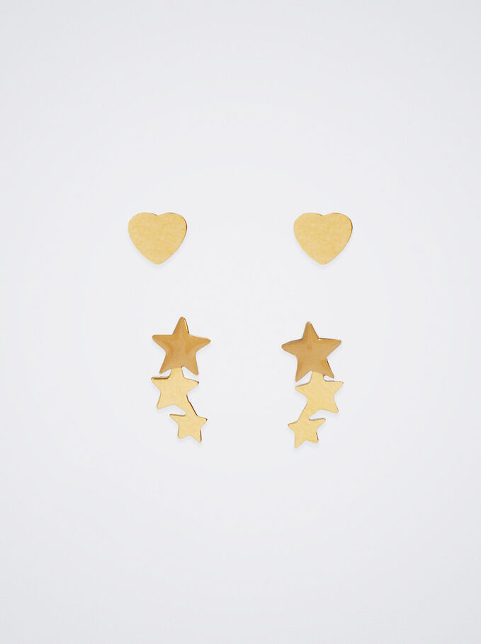 Steel Earrings With Heart And Stars, Orange, hi-res