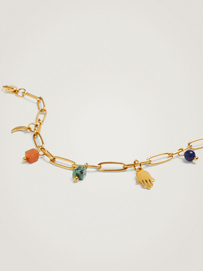 Bracelet En Acier Avec Charm Et Pierre Semi-Précieuse, Multicolore, hi-res
