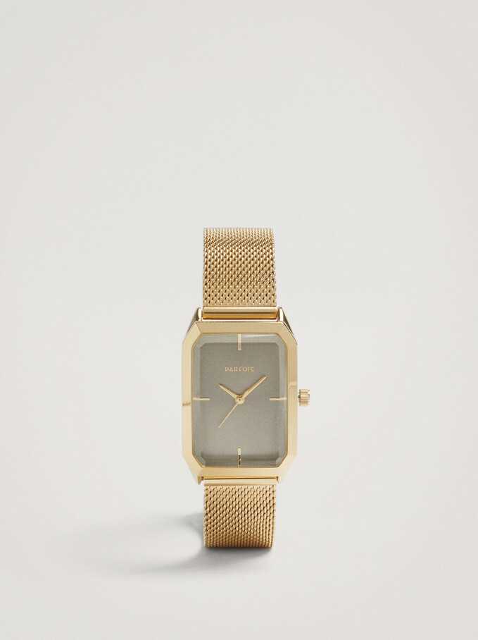 Square Case Stainless Steel Watch, Golden, hi-res