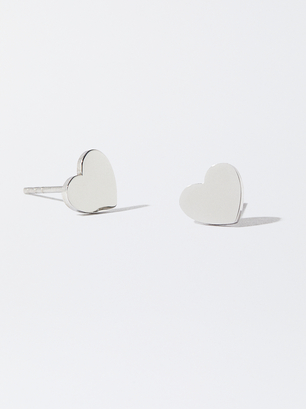 Stainless Steel Earrings With Heart, Silver, hi-res