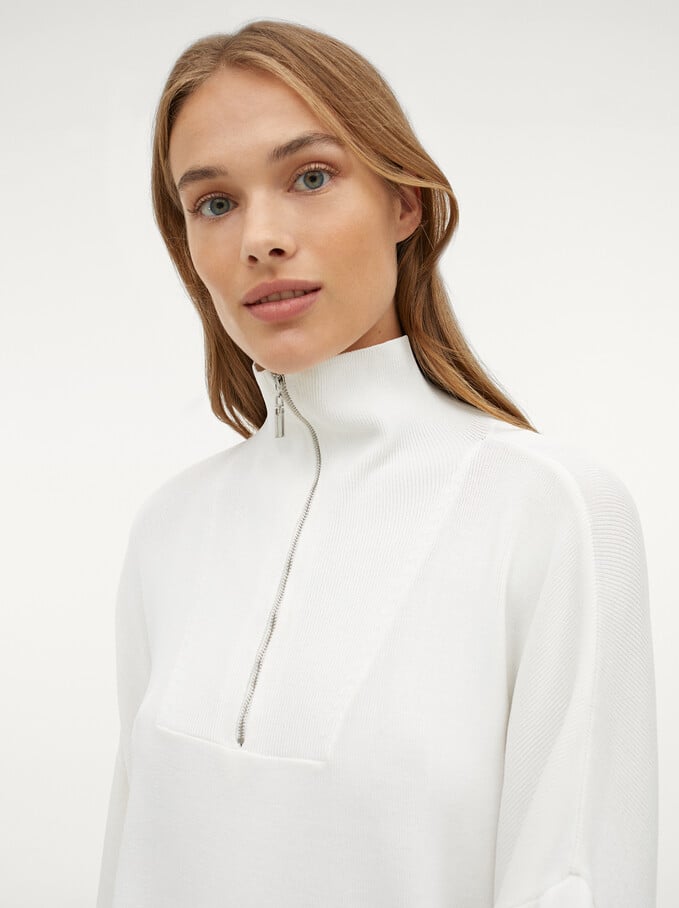 High Neck Sweater With Zip, White, hi-res
