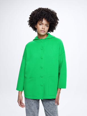 Hooded Knit Poncho, Green, hi-res
