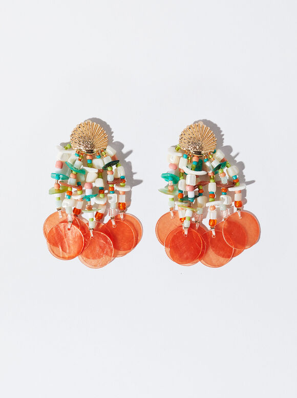 Beaded Earrings With Shell, Multicolor, hi-res