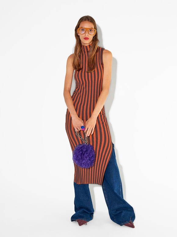 Striped Long Dress, Orange, hi-res