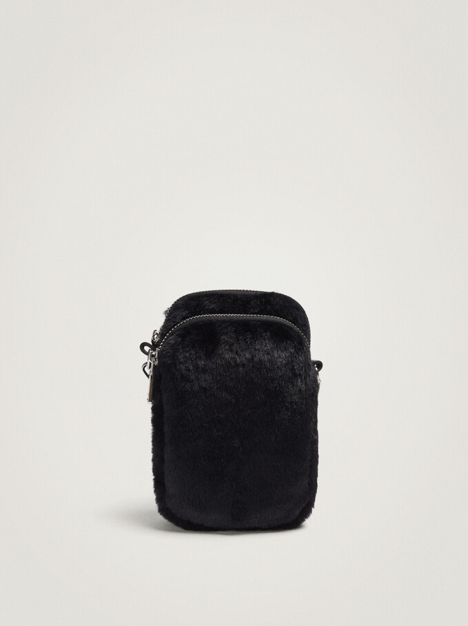 Faux Fur Mobile Phone Bag With Shoulder Strap, Black, hi-res