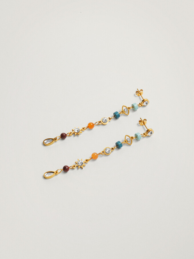 Steel Long Earrings With Semiprecious Stone, Multicolor, hi-res