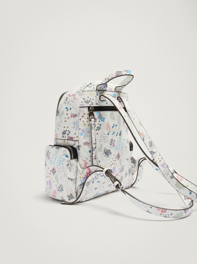 Printed Backpack With Outer Pockets, White, hi-res