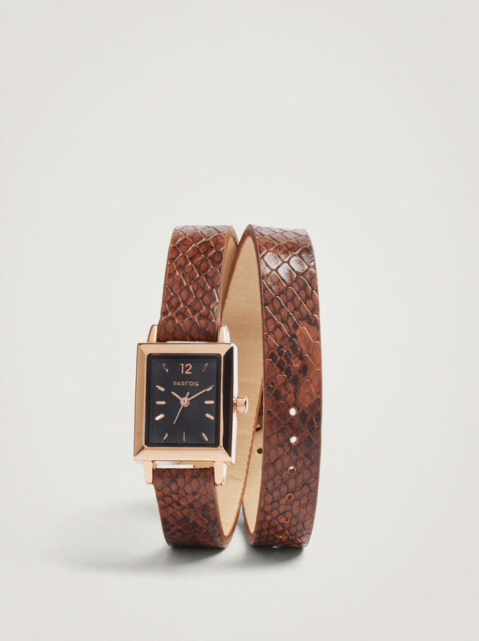 Watch With Animal Embossed Wristband, Brown, hi-res