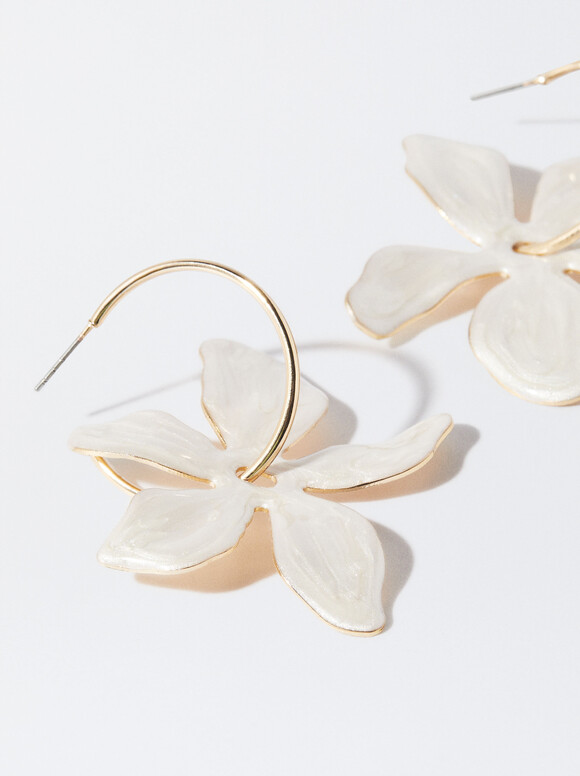 Enamel Flower Hoops Earrings, Beige, hi-res