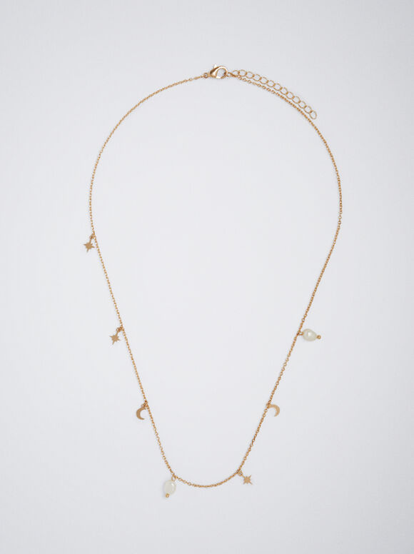 Golden Necklace With Pearl And Moon, Golden, hi-res