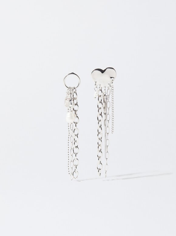 Asymmetrical Earrings With Heart, Silver, hi-res