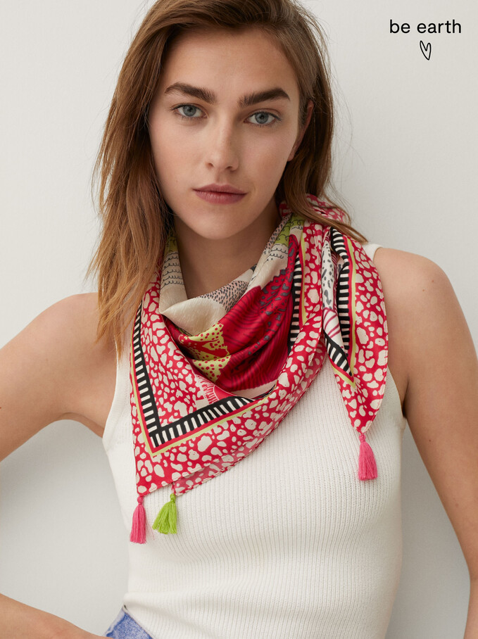 Printed Square Neckerchief Made From Recycled Materials, Pink, hi-res