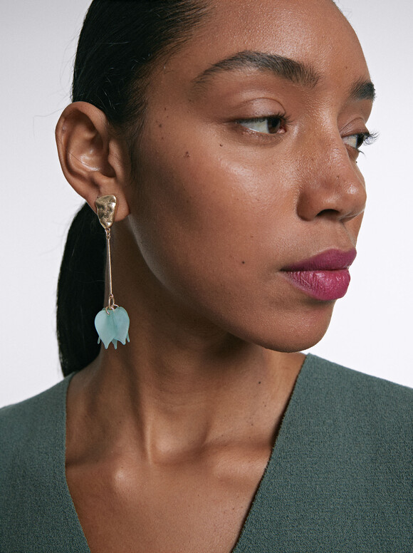 Steel Earrings With Flower, Green, hi-res
