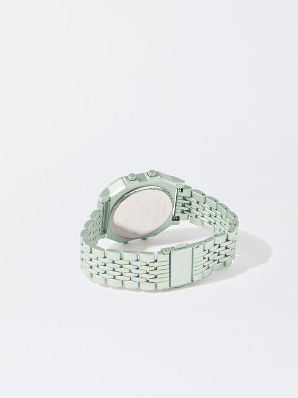Digital Watch With Metallic Mesh Wristband, Green, hi-res