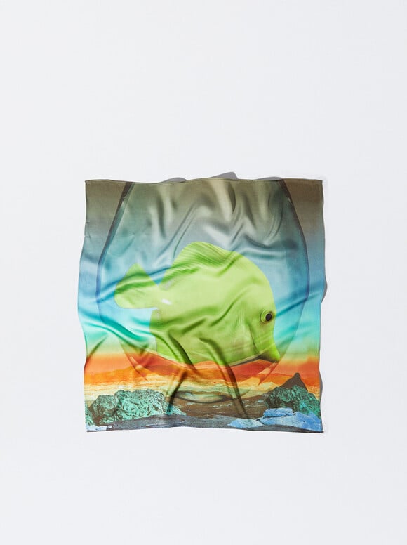 Printed Fish Scarf, Multicolor, hi-res