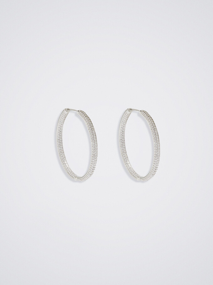Silver Hoop Earrings With Zirconia, Silver, hi-res