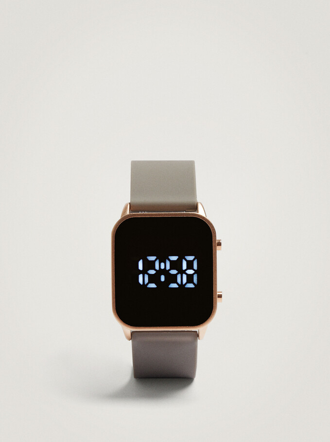 Digital Watch With Square Face, Brown, hi-res