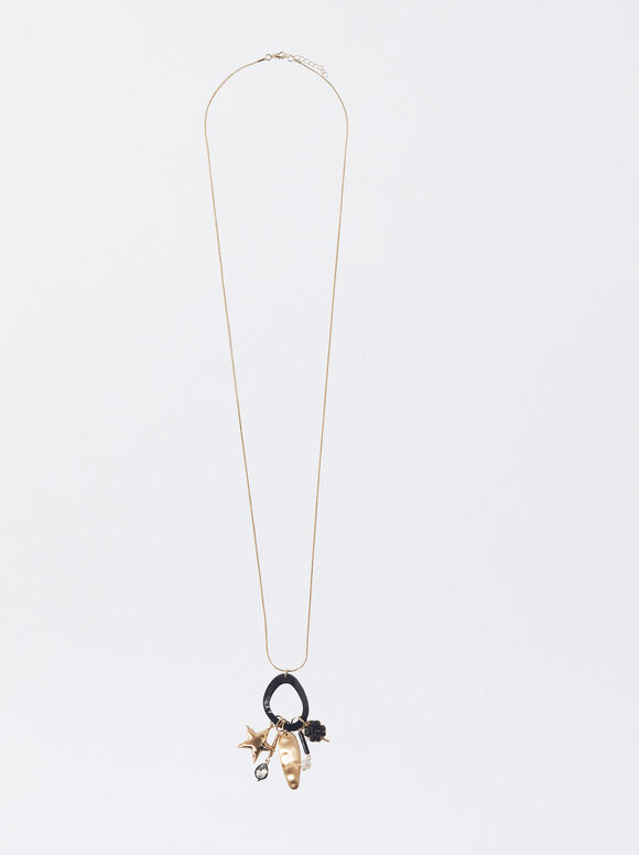 Gold-Toned Necklace With Charms And Pearl, Black, hi-res