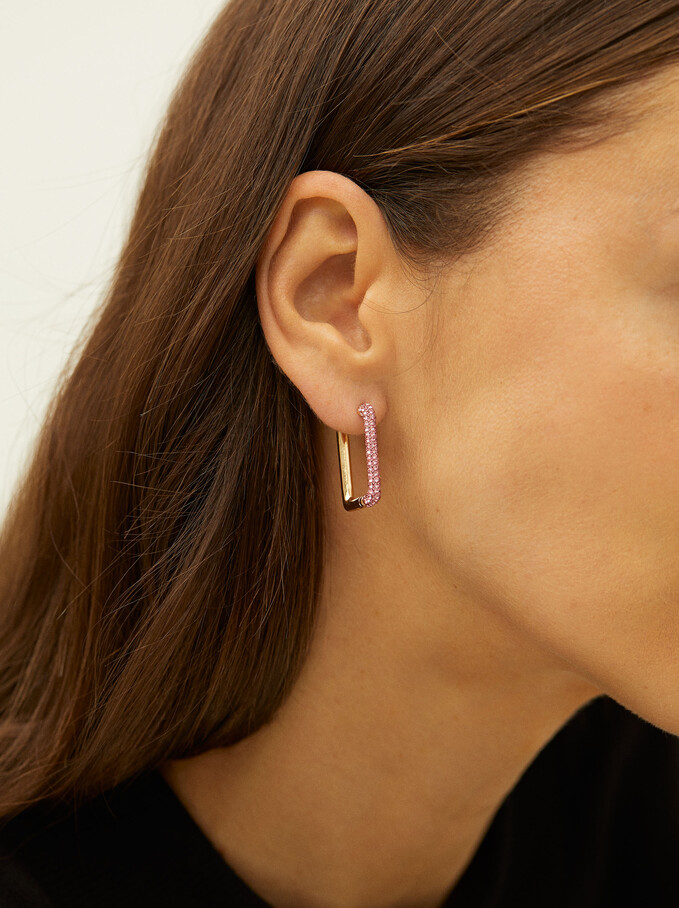 Hoop Earrings With Crystals, Pink, hi-res
