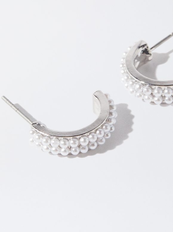 Silver Hoop Earrings With Pearls, Silver, hi-res