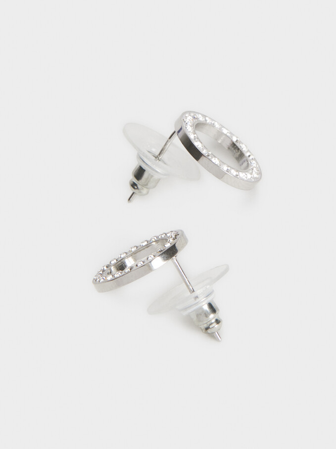 Short Stainless Steel Earrings With Crystals , Silver, hi-res