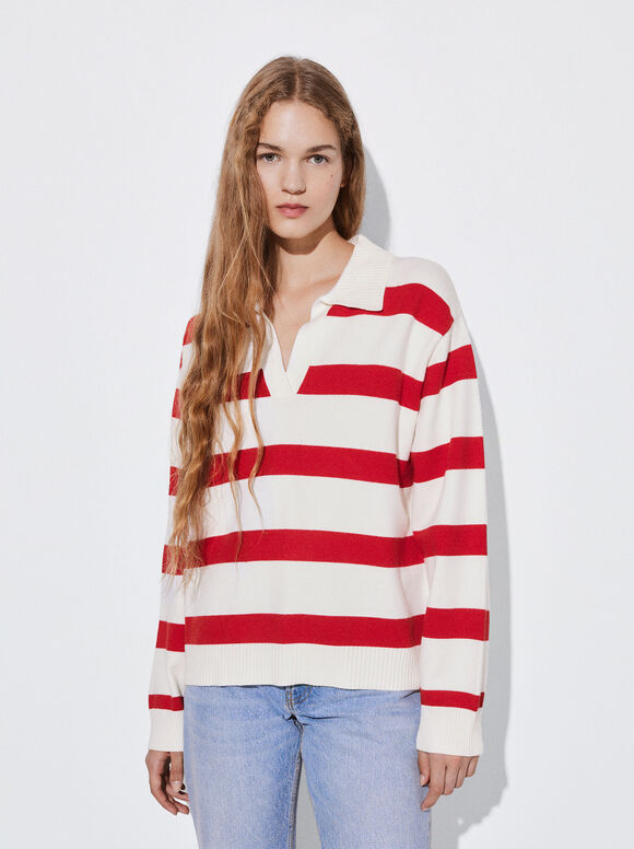 Striped Knit Sweater, Red, hi-res