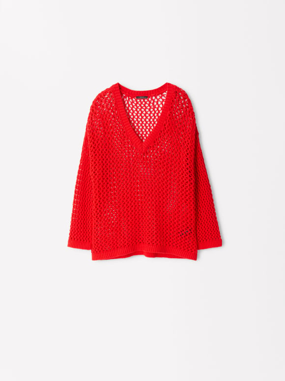 Open Knit Sweater With Cotton, , hi-res