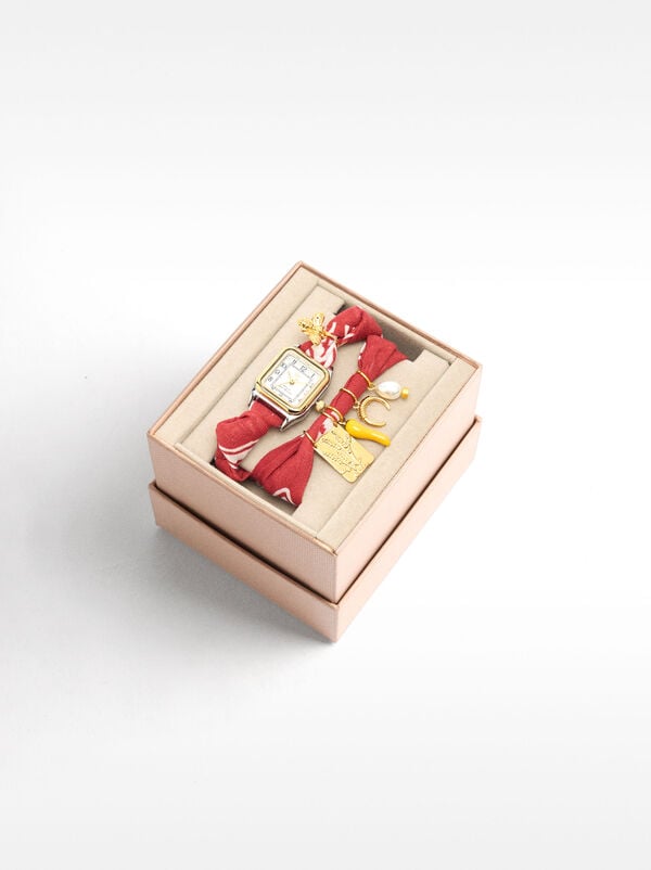 Watch with fabric strap and charms
