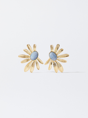 Flower Earrings With Stone, Blue, hi-res