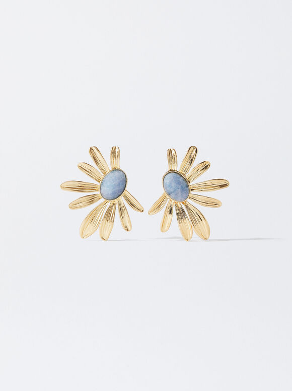 Flower Earrings With Stone, Blue, hi-res