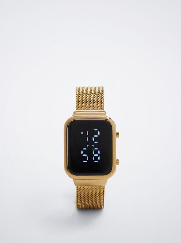 Digital Watch With Square Case, Golden, hi-res