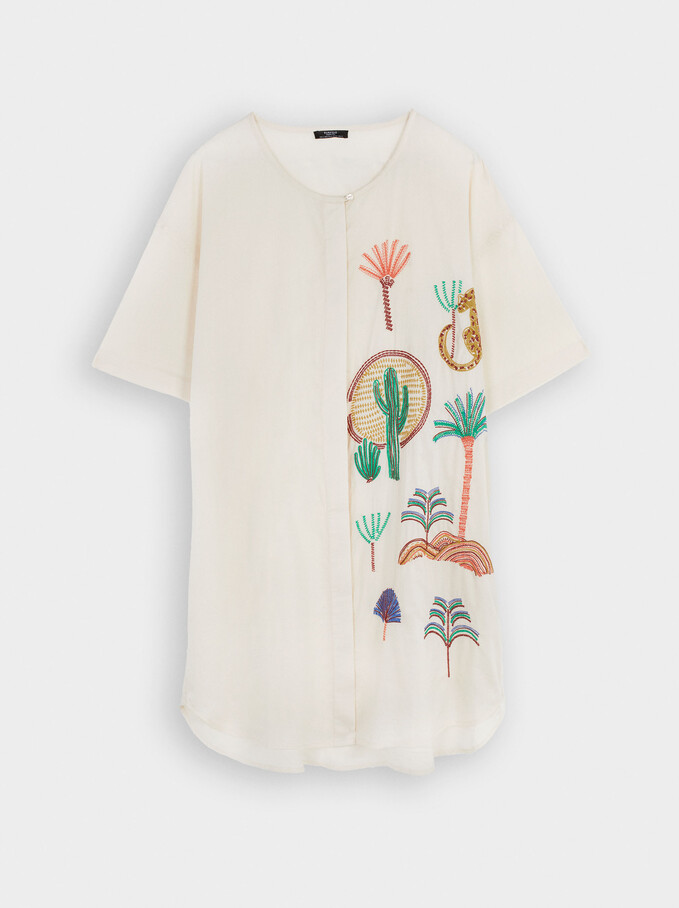 100% Cotton Dress With Embroidery, Ecru, hi-res