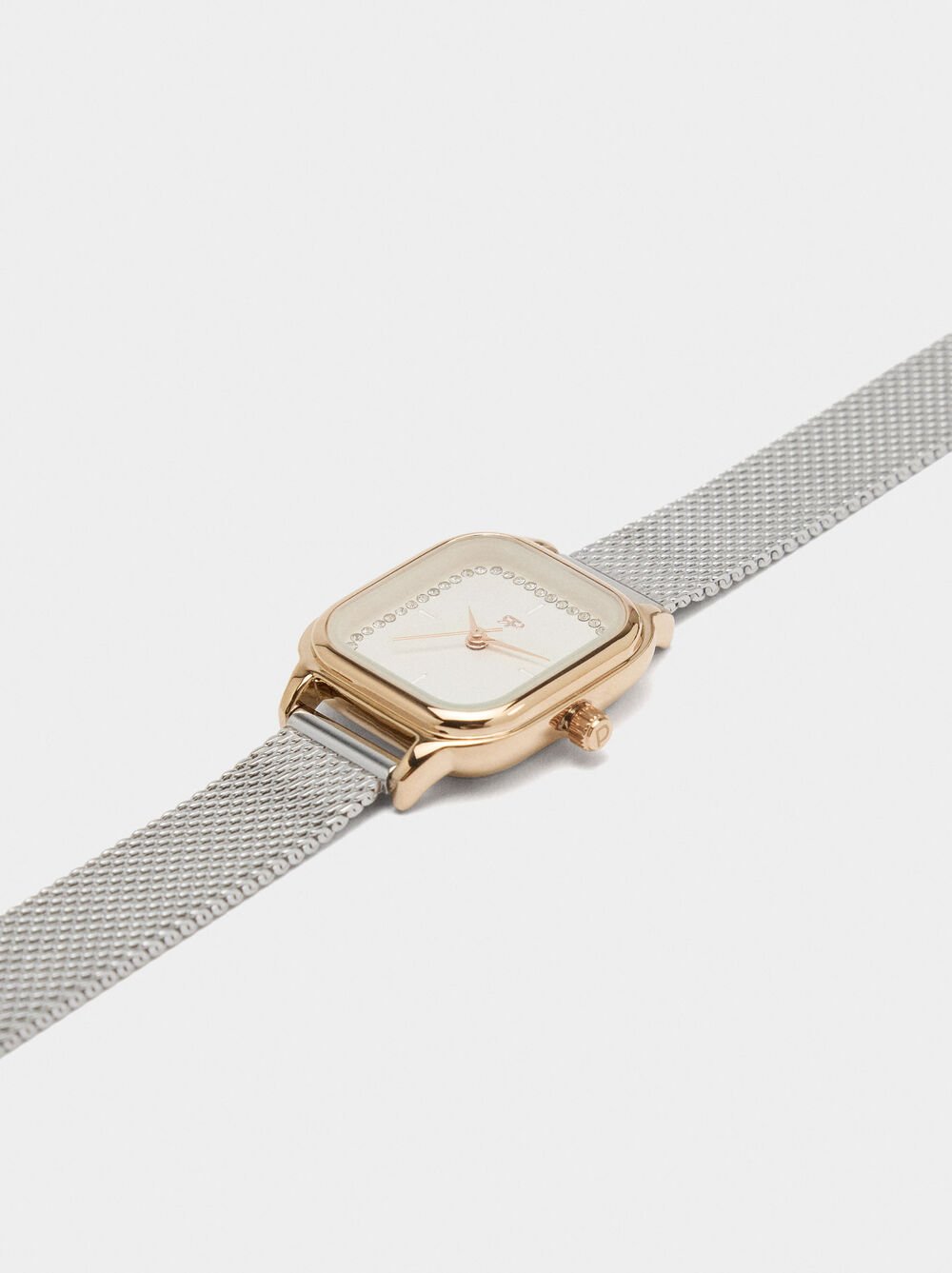 Square watch with bicolor stainless steel bracelet