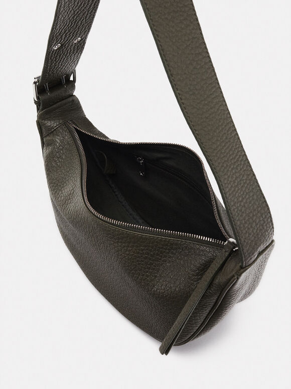 Leather Shoulder Bag, Khaki, hi-res