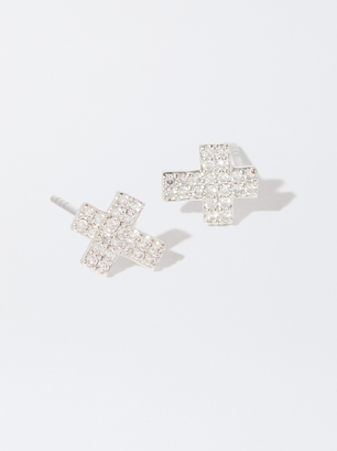 Silver-Plated Earrings With Cubic Zirconia And Crosses, Silver, hi-res